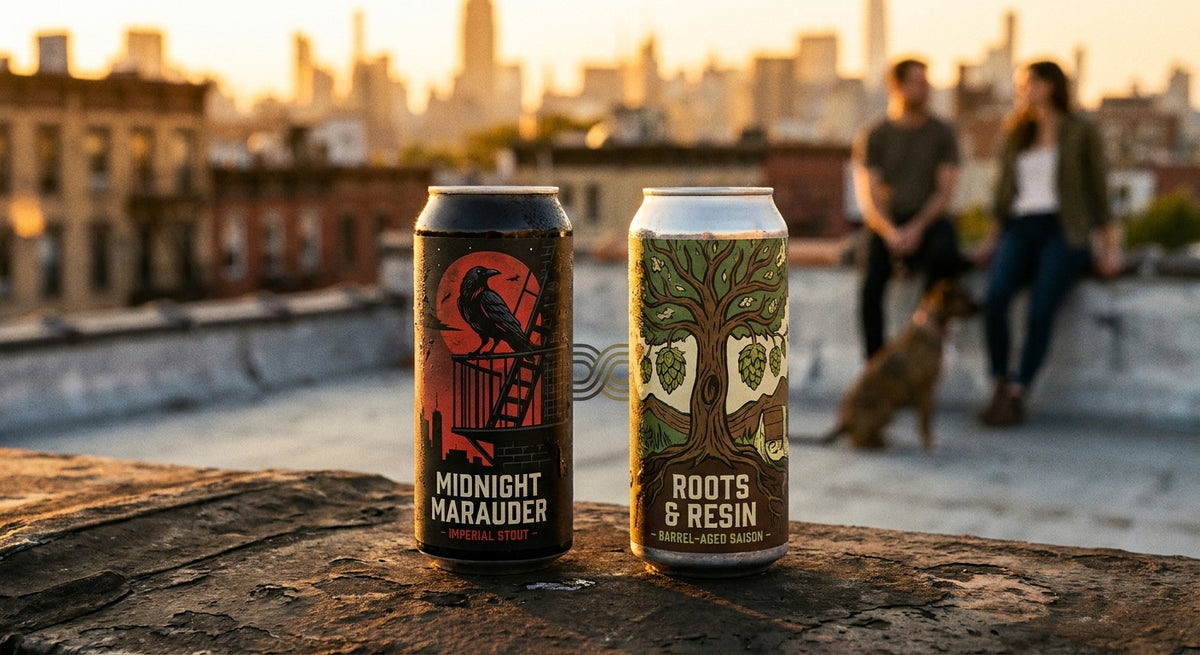 Two artfully designed craft beer cans sit side by side on a Brooklyn rooftop at golden hour, condensation glistening on their surfaces against a warm amber skyline.